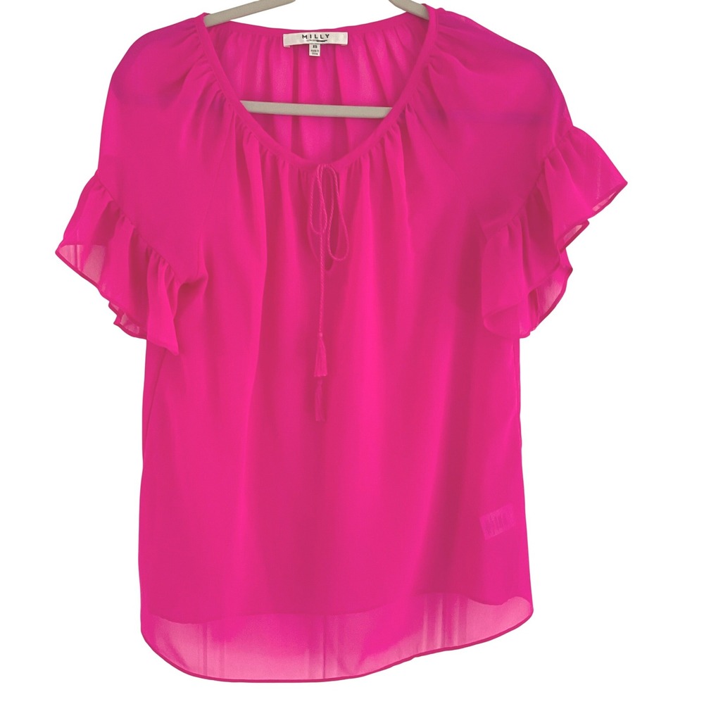 MILLY for design nation womens blouse sheer hot pink Bright ruffle XS maximalist